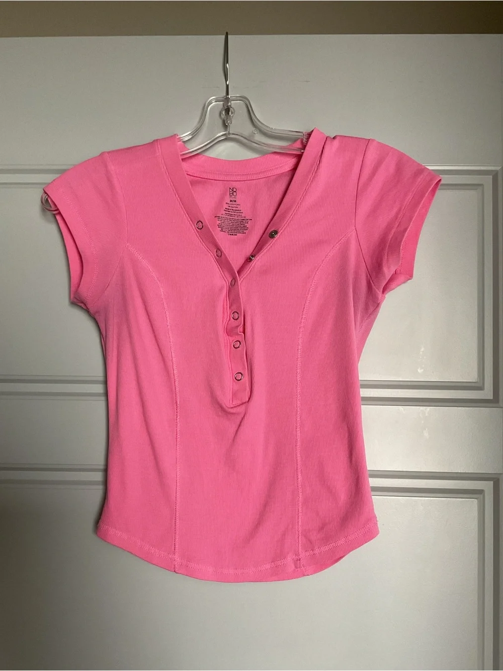 Short-Sleeve Ribbed Henley Tee in Bubblegum Pink - Picture 4 of 6